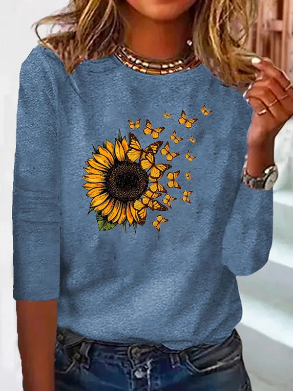 Khloe™ - Schmetterling Sonnenblumen Print Shirt