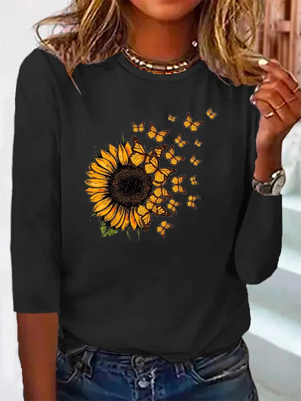 Khloe™ - Schmetterling Sonnenblumen Print Shirt