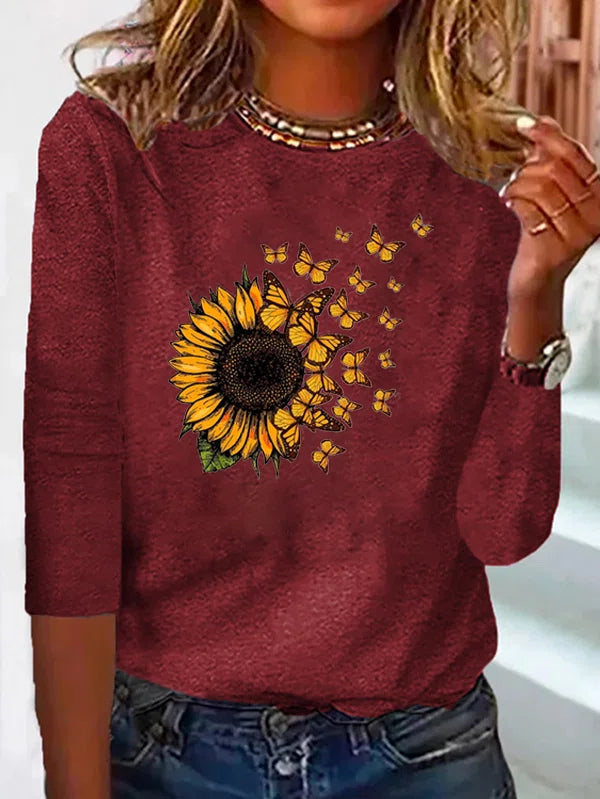 Khloe™ - Schmetterling Sonnenblumen Print Shirt