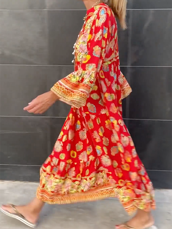 Lora langärmeliges Maxikleid mit V-Ausschnitt mit Blumendruck