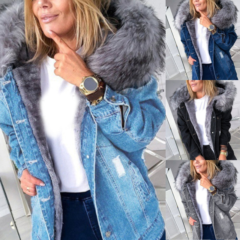 Sophia™ - Langärmelige Denim-Jacke mit Pelzkragen und Kapuze