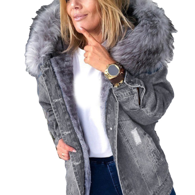 Sophia™ - Langärmelige Denim-Jacke mit Pelzkragen und Kapuze