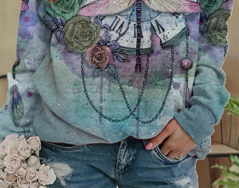 Lucia™ - Langärmeliges Sweatshirt mit Libelle und Blumendruck