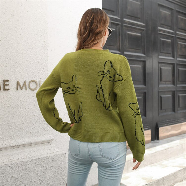 Leya™ - Retro Katze Jacquard Pullover