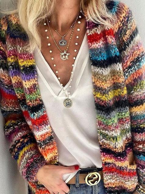 Lora™ - Bedruckte mehrfarbig gestreifte schmale Strickjacke für Pendler
