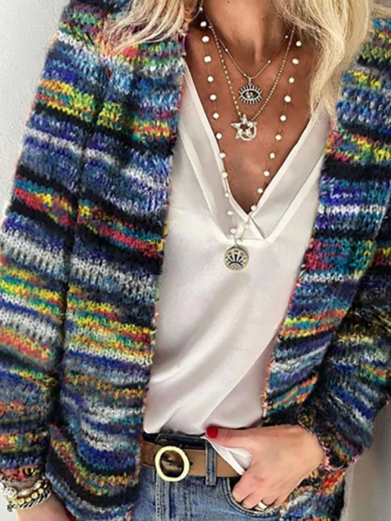 Lora™ - Bedruckte mehrfarbig gestreifte schmale Strickjacke für Pendler