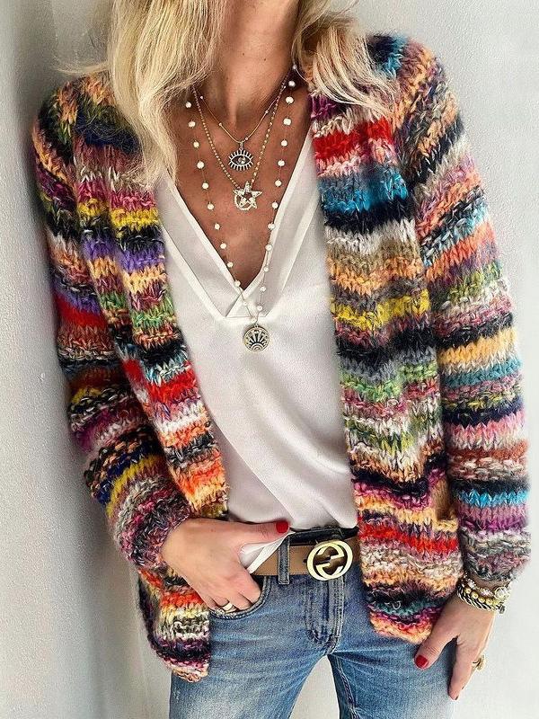 Lora™ - Bedruckte mehrfarbig gestreifte schmale Strickjacke für Pendler