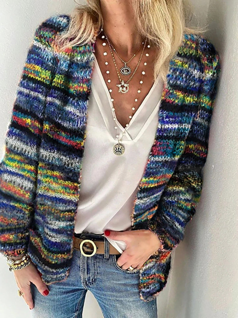 Lora™ - Bedruckte mehrfarbig gestreifte schmale Strickjacke für Pendler
