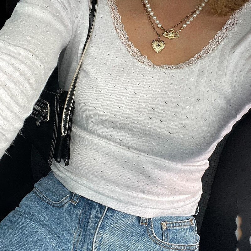 Naileksi Damenbluse Mit Spitzenbesatz - Y2K Boho Chic, U-Ausschnitt, Langarm Mit Schnürung